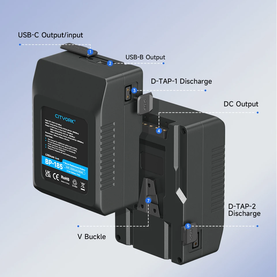 CITYORK V Mount Battery 185W BP-185 V Lock Battery with D-TAP and