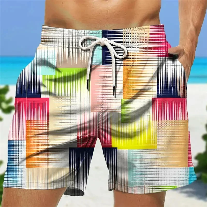 Plaid Splicing Pattern Beach Shorts For Men Colorful Geometric 3D Printed Swim Trunks Summer Fashion Street Loose Board Shorts