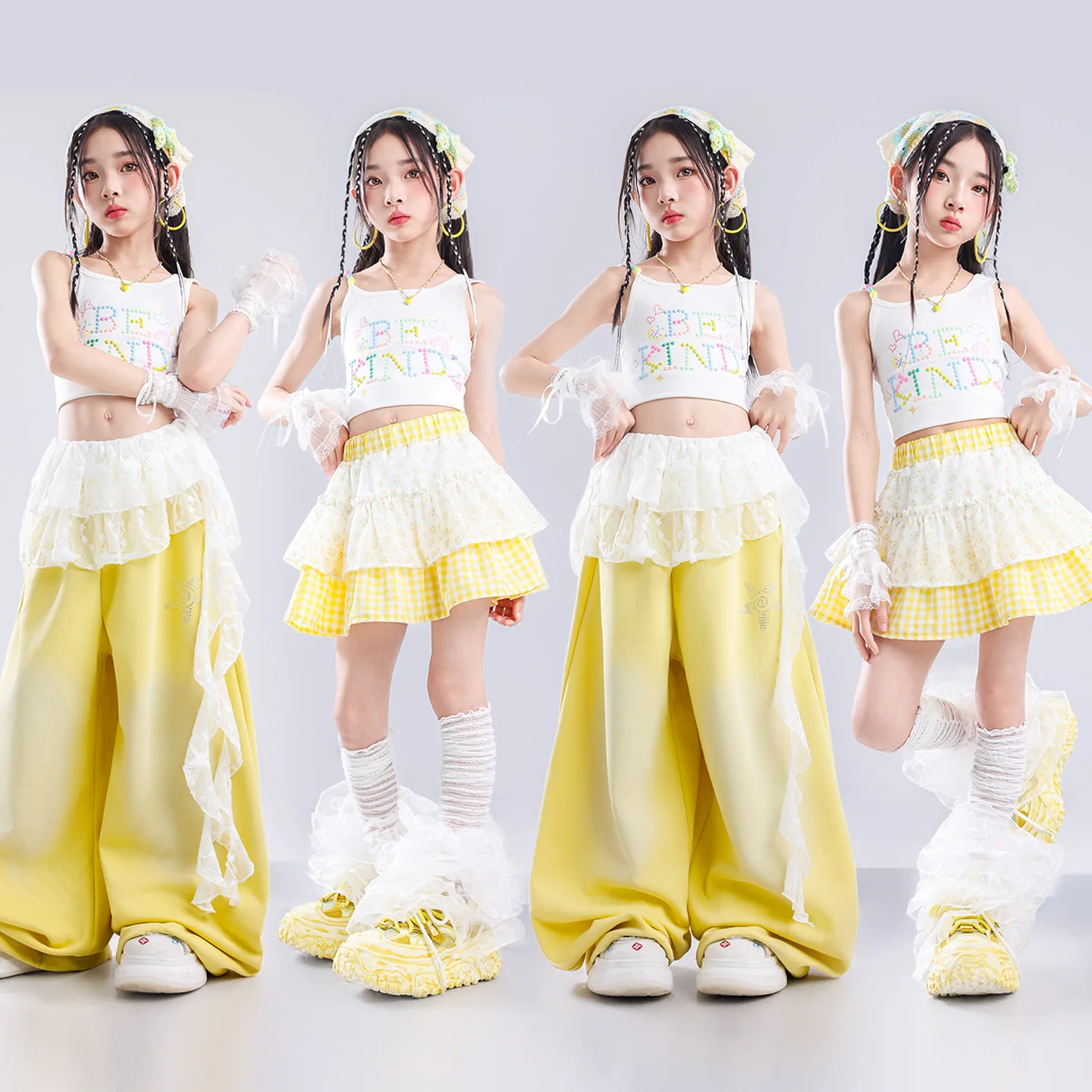 Girls Letter Print Tank Top Yellow Spray Dye Long Pants Set Kids Hip Hop Kpop Jazz Street Dance Costume Girl Group Stage Outfit