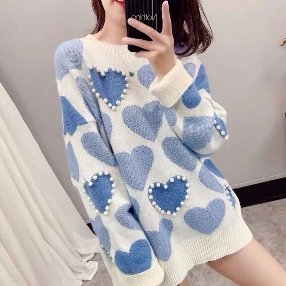 

Autumn Heart Leopard Print Knit Sweater Elegant Pearl Beaded Women Sweet Casual Sweaters Winter Warm O Neck Long Sleeve Pullover