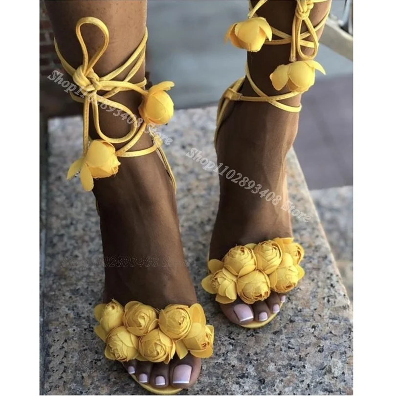 

Yellow Ankle Strap Flower Decor Sandals Open Toe Stiletto Summer British Style Elegant Party Women Sandals Zapatos Para Mujere