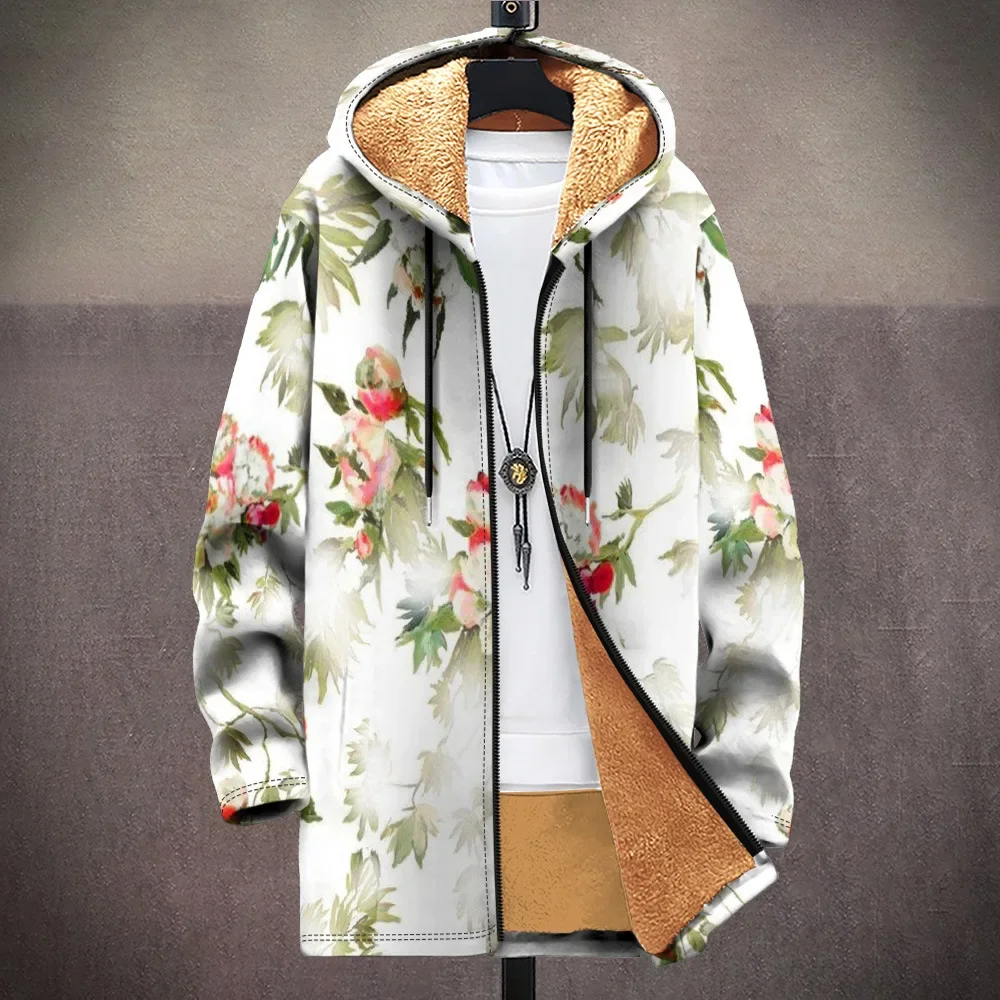 

Men Cardigans Coats Florals Leaf Pattern Art Graphics Printed Plush Thick Casual Winter Jackets Streetwear Unisex Clothing
