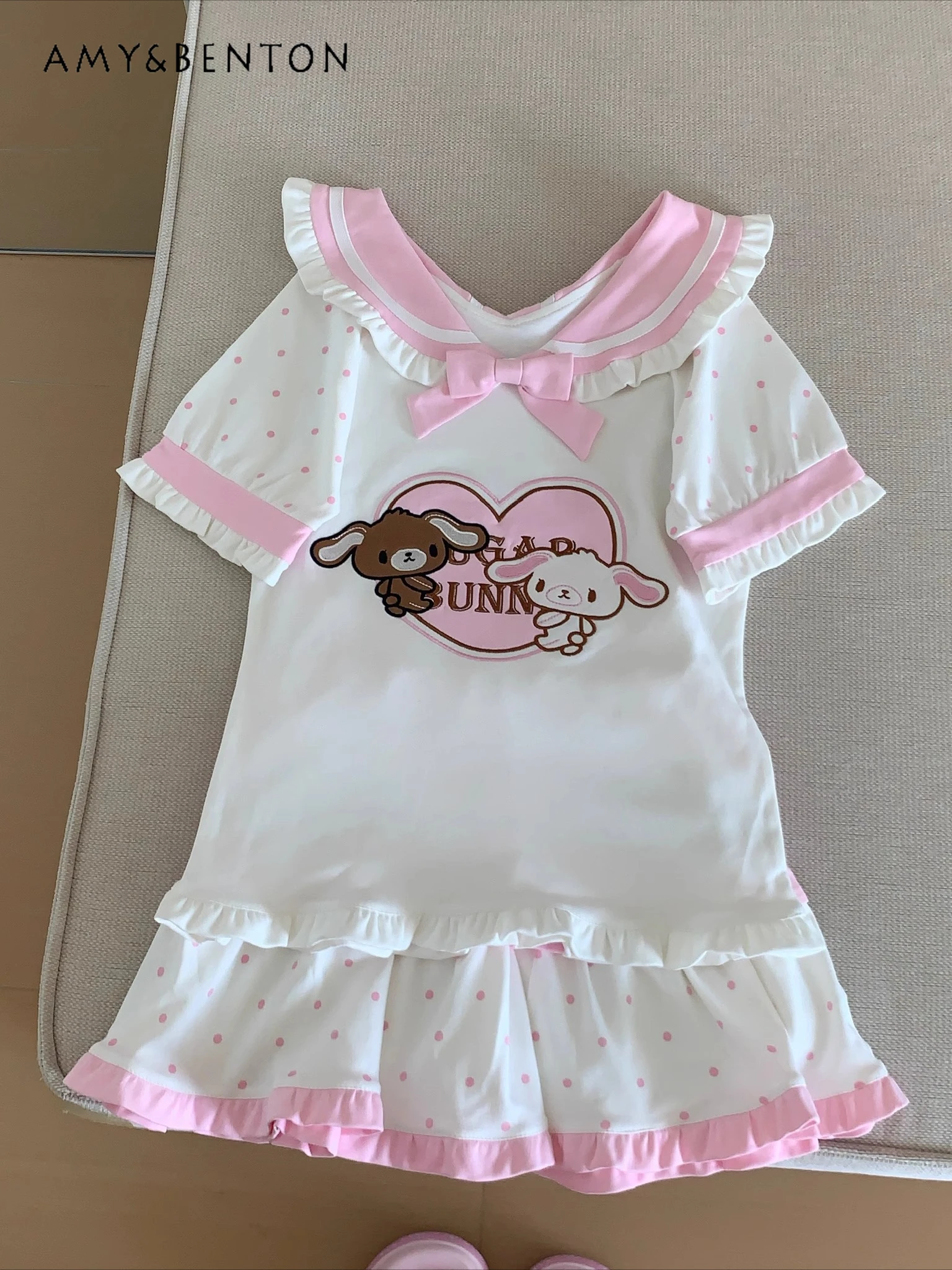 

Cute Polka Dot Print Doll Collar Rabbit Embroidered Kawaii Girl Suit Summer Japanese Sweet Short-sleeved Top Tutu Skirt Sets