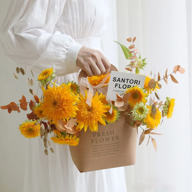 Korean Portable Flower Box, Kraft Paper Flower Bouquet Arrangement Packaging Bag, Creative Waterproof Gift Bag, 5Pcs