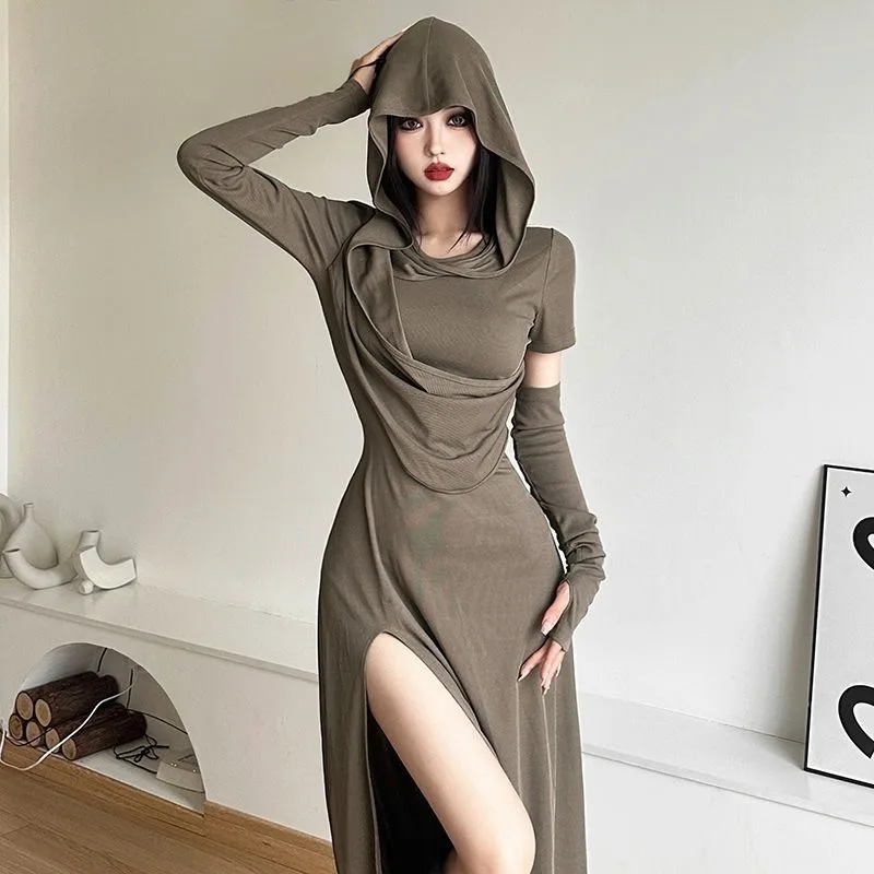 Autumn Waste Design Sense Solid Color Hooded Dress Subculture Retro Fashion Skirts Sexy High Street Hottie Slimming Long Skirt