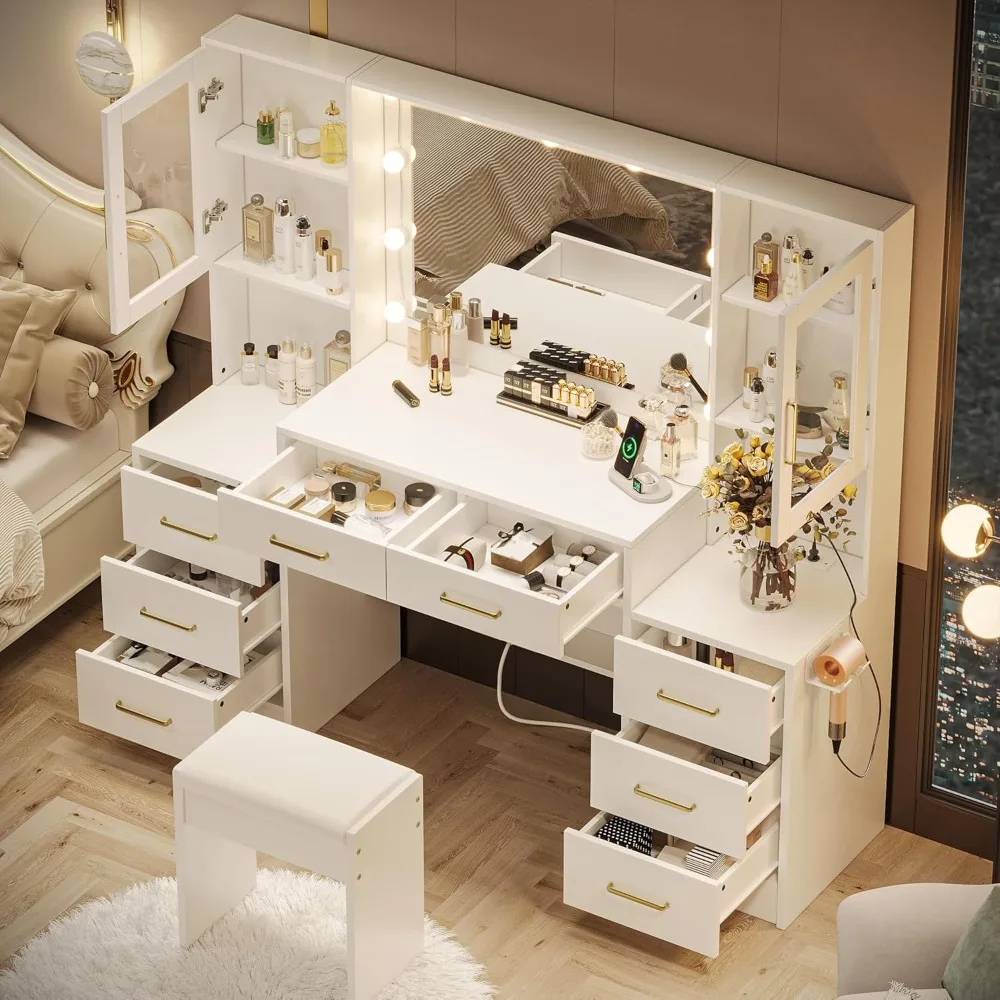 Meja Rias Besar 58,3" dengan Cermin & Lampu, Meja Rias Rias dengan 10 Lampu LED, 8 Laci Geser Logam & 2 Lemari, Meja Rias Putih