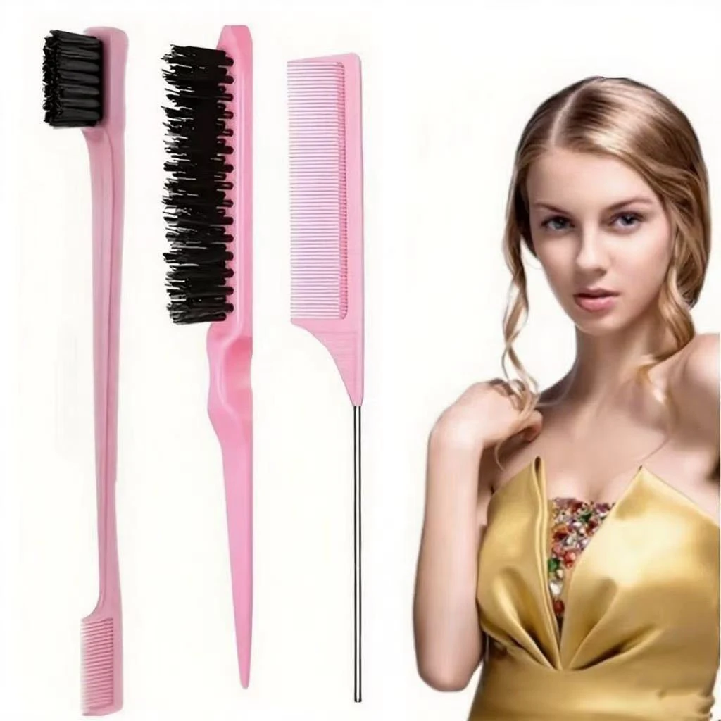 Conjunto de Ferramentas para Cabelo: Separador de Mechas, Escova para Baby Hair e Escova de Três Fileiras