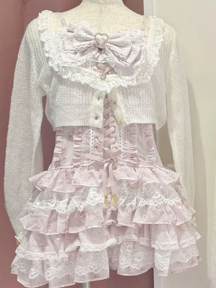 

Japanese Sweet Lolita 2 piece Cardigan Lace Floral Dress Set Women Bowknot Ruffle Mini Dress Long Sleeve Knit Cover Up Outfit