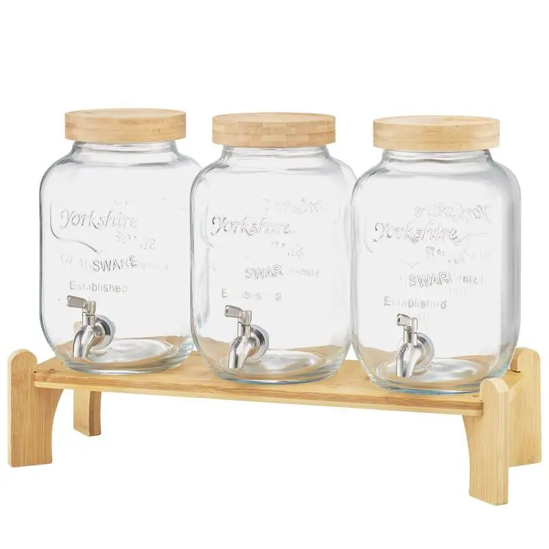 

Beverage Dispenser, 3 Pack 1 Gallon Drink Dispensers for Parties, Glass Juice Dispenser with Wood Stand, Stainless Steel Spigot, Infuser, Iced Tea Lemonade Juice Water Dispensers for Parties