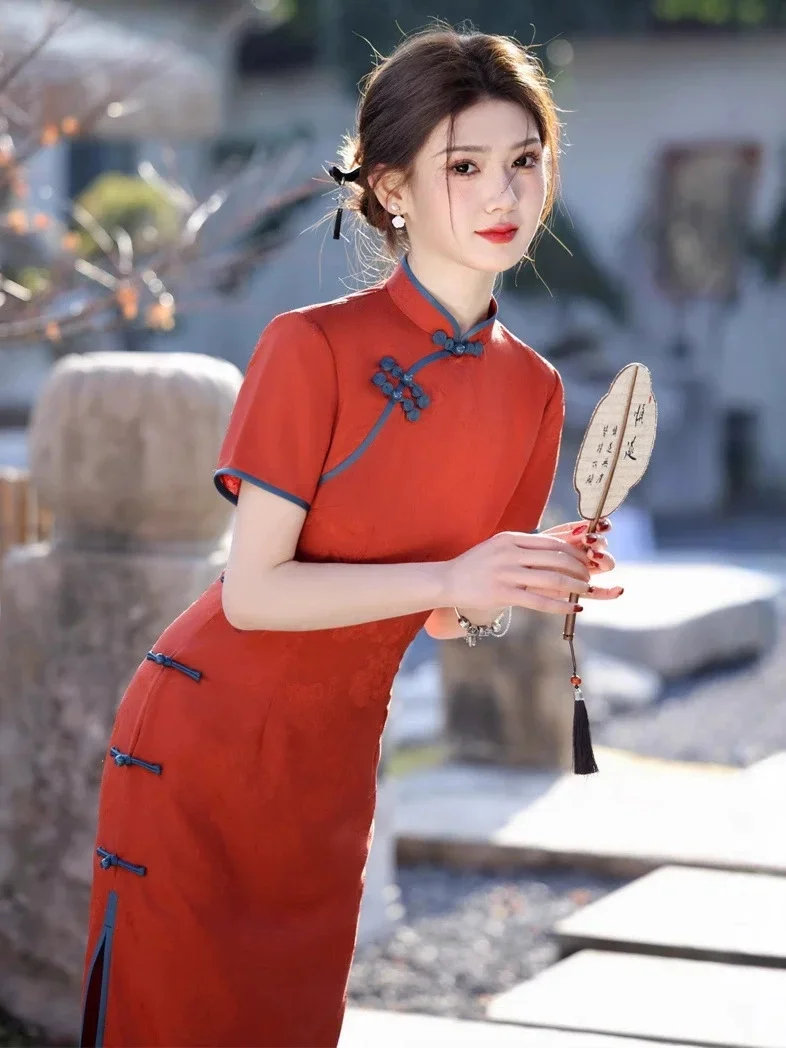 

Весна/Лето 2022, новое жаккардовое атласное длинное платье Cheongsam, красное свадебное платье, элегантное женское платье Cheongsam