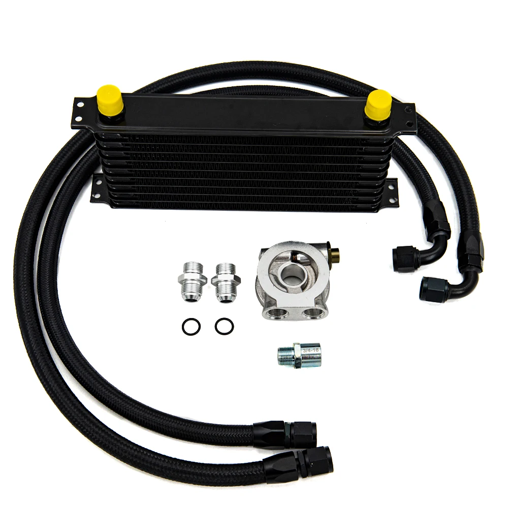 10 Rows Oil Cooler Kit AN10 Transmission Oil Filter Adapter with Nylon Stainless Steel Braided Hose Thermostat Adapter