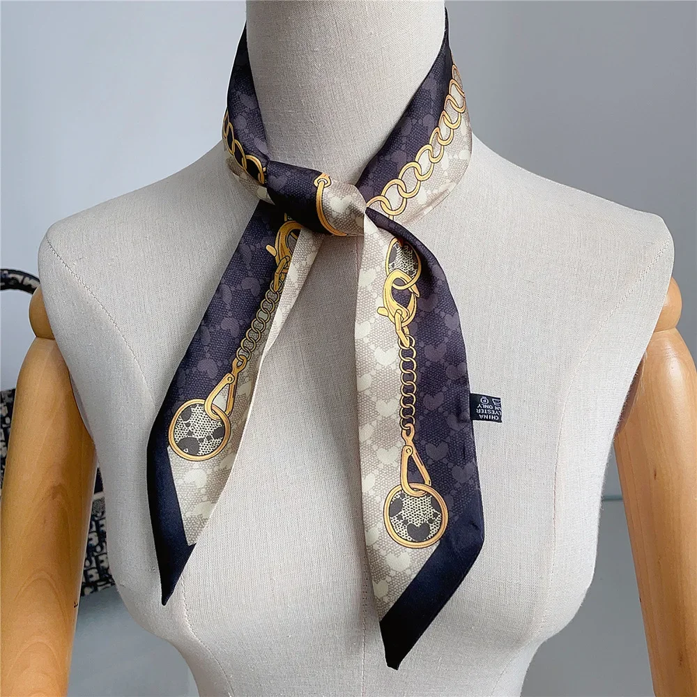 2024 New Luxury Polyester Silk Scarf Chain Printing Women\'s All Seasons Decorative Thin Scarf Scarf Headband 90*5cm