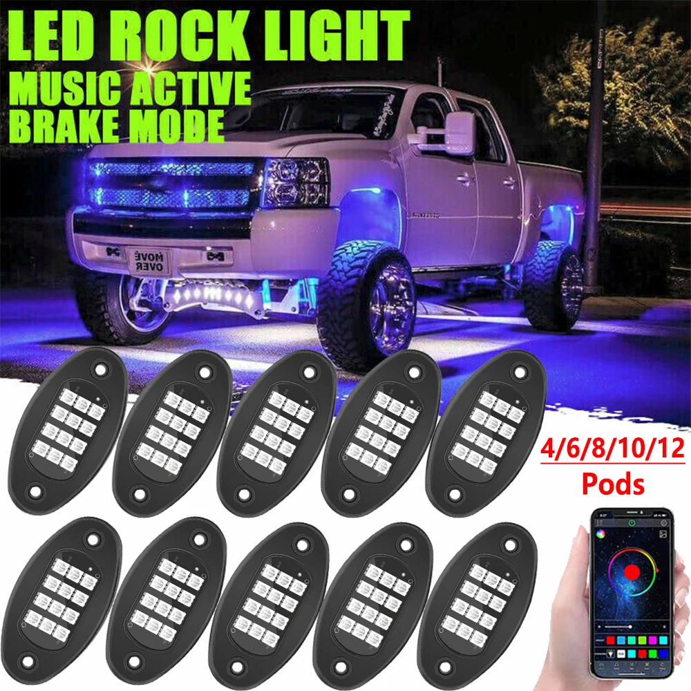 4/6/8/10/12X RGB LED Rock Light Kit Bluetooth APP Underbody Music Light Multicolor Neon Atmosphere Lamp for Offroad SUV 4x4 ATV