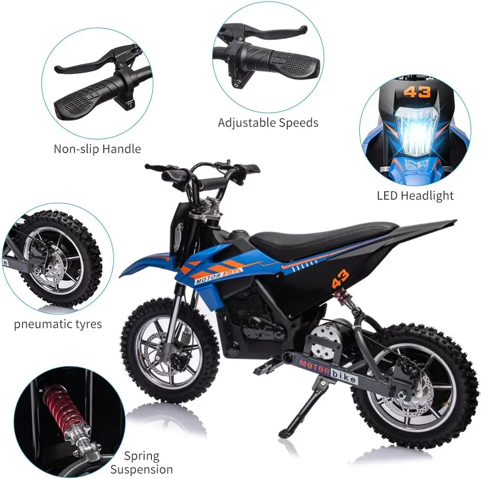 36V Electric Dirt Bike, Ride on Motorcycle 350W Motor Fast Speed 15.5MPH with LED Headlight, Leather Seat,Front+Back Brake
