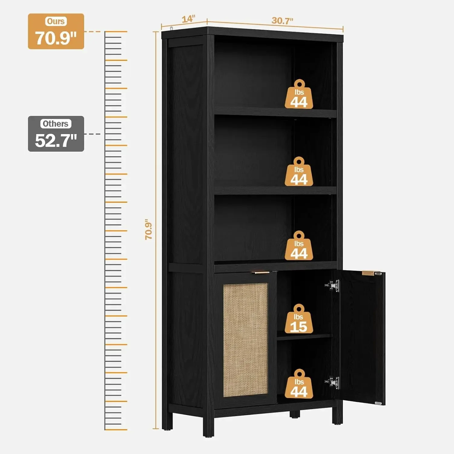 5-layer bookshelf, rattan bookshelf with door storage bookshelf, farmhouse bookshelf, library bookshelf (black)