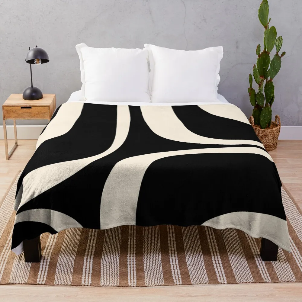 

Retro Groove Abstract Minimal Pattern Black and Almond Cream Throw Blanket Decorative Sofa Thins sofa bed Blankets