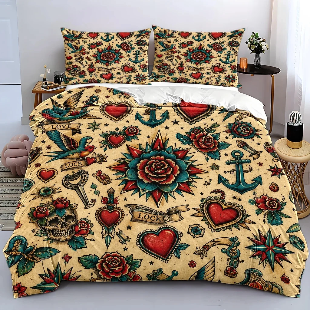 3Pc Vintage Tattoo Style Duvet Cover Set, Three-Piece Bedding Set (1*Duvet Cover + 2*Pillowcases), Suitable for All Seasons, Machine Washable, Includes Hidden Zipper, Personalized Heart Rose Skull Pattern, Suitable for Home, Dorm, Master Bedroom, Guest Room, Large Double Bed Cover Set, Trendy Tattoo Elements Bedding, Vintage Distressed Style Bedding Set, Durable, Breathable, Skin-Friendly Duvet Cover Three-Piece Set, Cross-Border Hot-Selling American Traditional Tattoo Bedding, Vintage Distressed Style Bedding Set, Wear-Resistant, Breathable, Skin-Friendly Duvet Cover Three-Piece Set, Cross-Border Hot-Selling American Traditional Tattoo Bedding