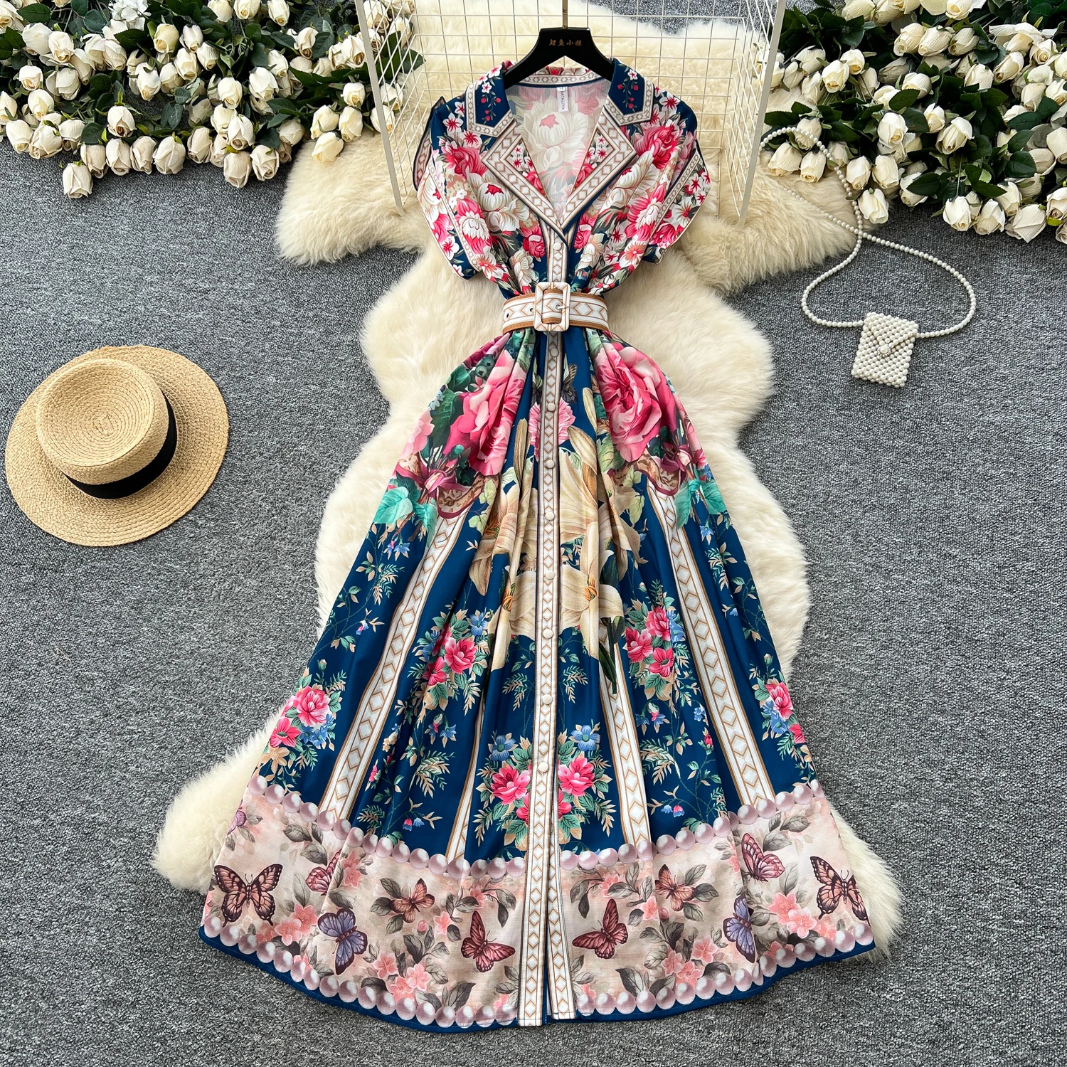 Długa sukienka maxi w stylu vintage, codzienna, w kwiaty, koszulowa, nowa, damska, letnia, z krótkim rękawem, kołnierzykiem w szpic, trzewik w stylu narodowym, sukienki w stylu bohemy z długim nadrukiem.