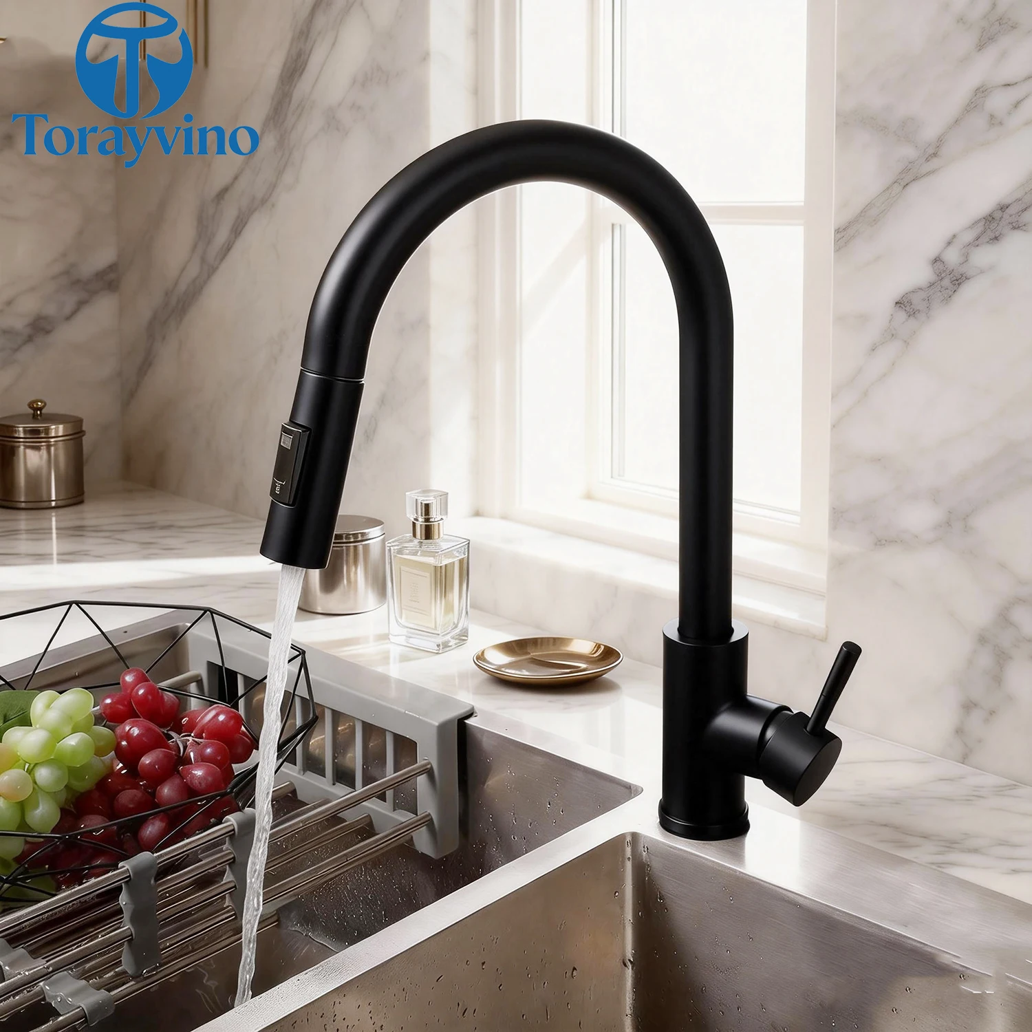 Torayvino Golden Brushed Kitchen Sink Faucet Rainfall and Stream Pull Out Style Single Handle Hot Cold Water Mixer Taps Faucets