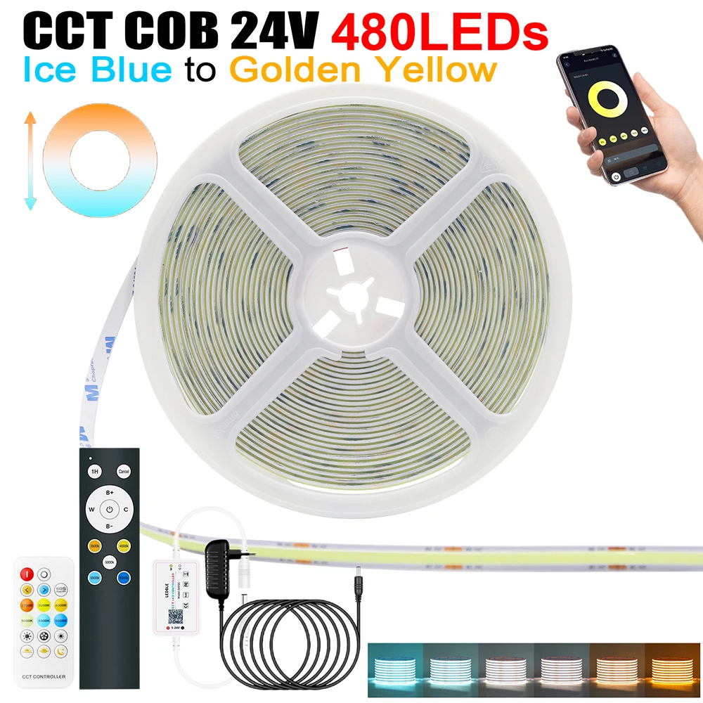 5m 10m CCT COB LED Strip Light 17Key 12key Bluetooth Remote Control Power Kit 2200K to 8000K 480 LEDs/m 24V Flexible Tape 0.5m