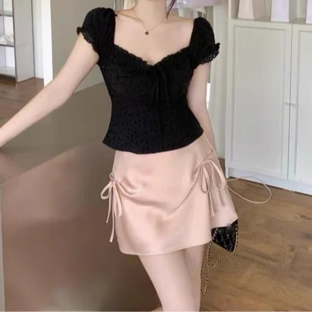 Sweet And Spicy Girl French Black Lace Trim Short Sleeve Shirt Women Summer Butterfly Knot Mini Skirt Two Piece Set OL Commut...