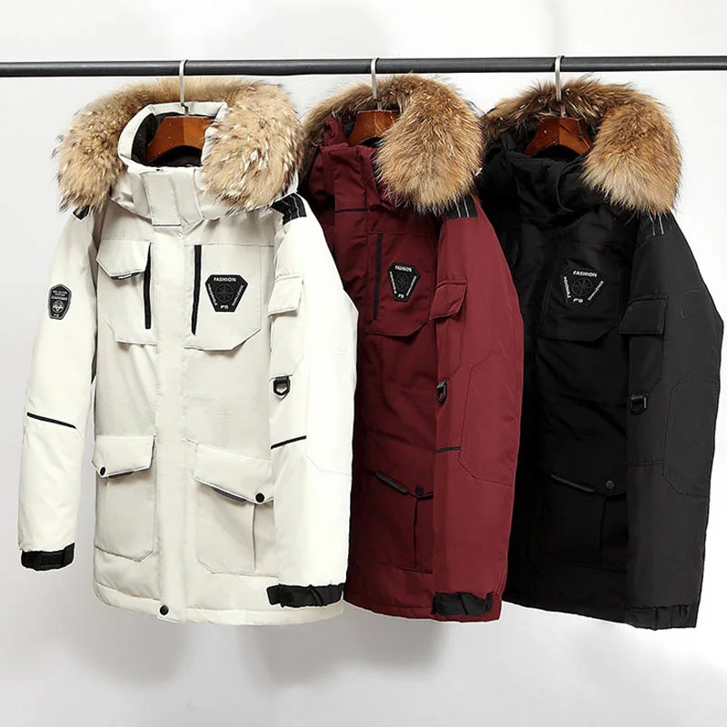 Jaqueta casual masculina com colarinho de pele real, parka quente, casaco de pato branco 90%, casaco de neve, grosso 30 graus, inverno