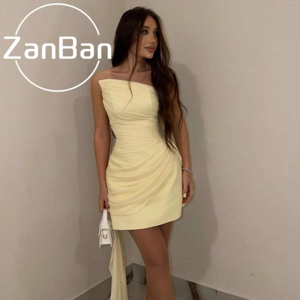 ZanBan Simple Style Prom Gowns Pale Yellow A-line Sleeveless Strapless Mini Graduation Dresses Customized Women's Evening Dress