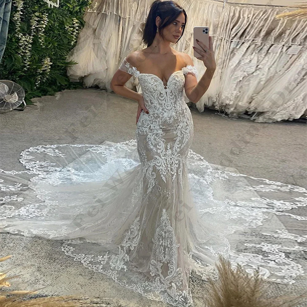 Fascinante Lace Applique Vestidos de casamento, A-Line Sexy Backless Mermaid Off Shoulder, Vestidos de noiva bonitos, 2024