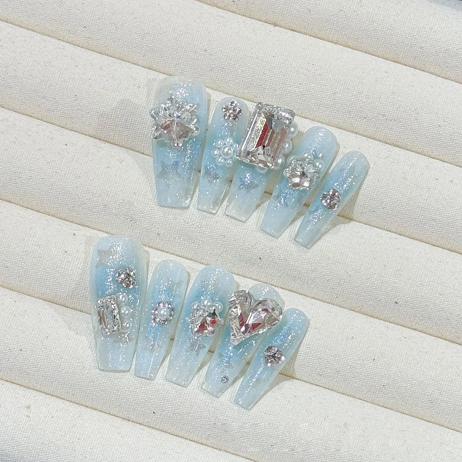 10Pcs Long Handmade Butterfly Press on Nails French White Rhinestone Full Cover Fake Nail Fashion Manicure Wearable Nail Tips