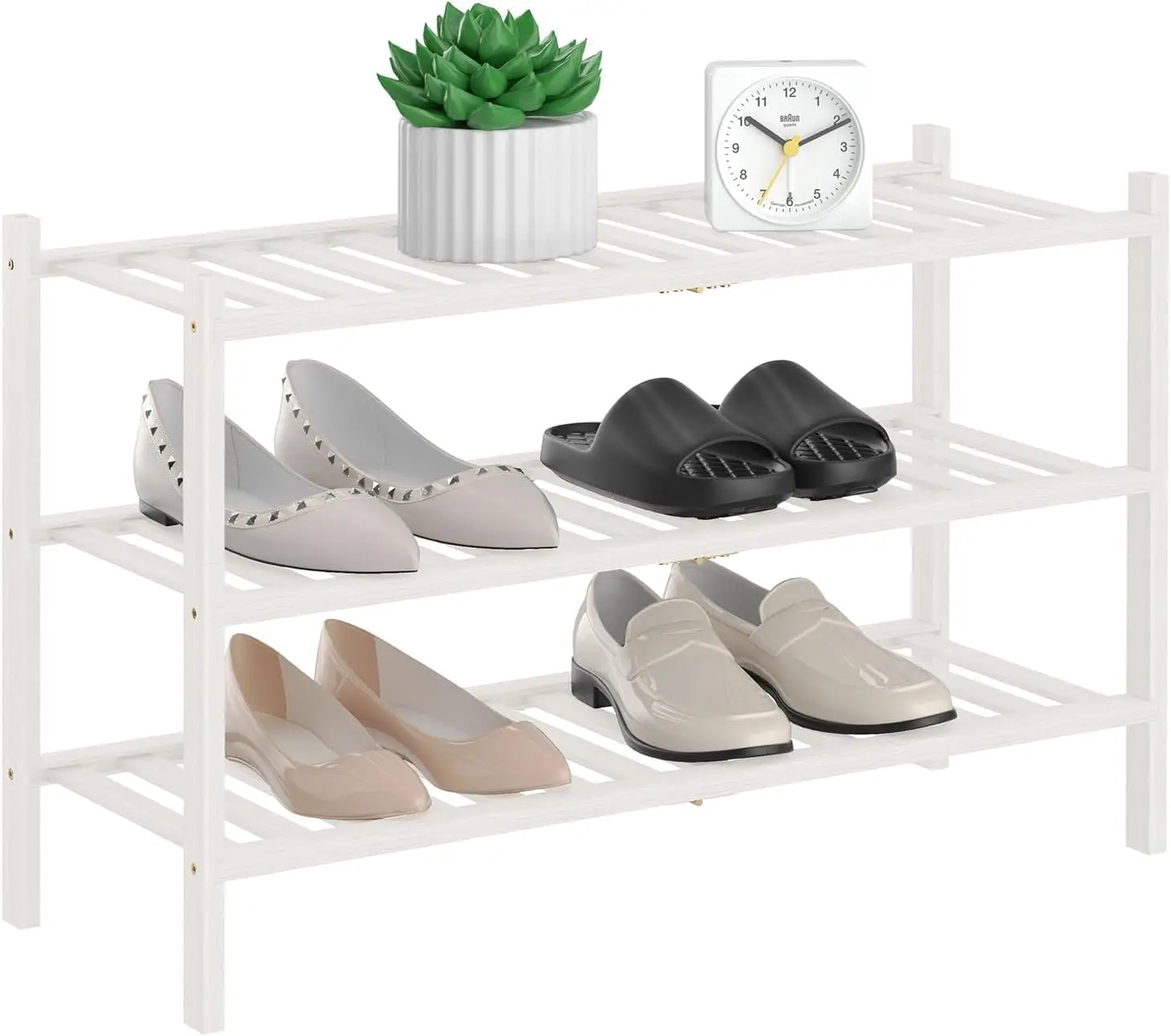 

RONGJIA 2-Tier Bamboo Shoe Rack, Free Standing White Wood Shoe Organizer for Closet or Entryway, Stackable Storage for Small Spa