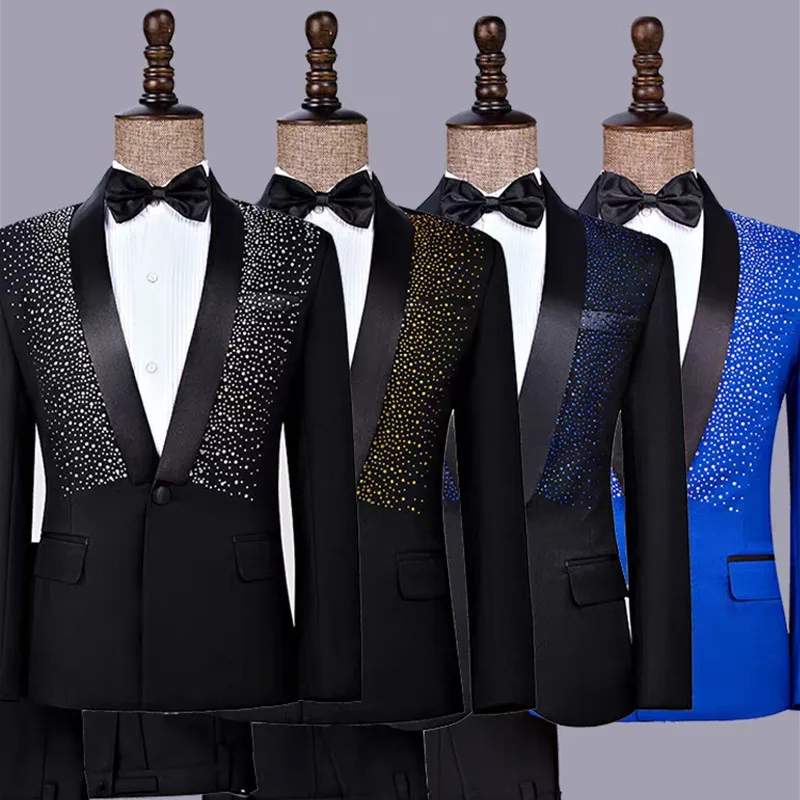 

Men's Host Suit Rhinestones Blazer Pants Formal Suits Black Shawl Collar Slim Fit Male Singer Wedding Banquet Prom 2 Pieces Set