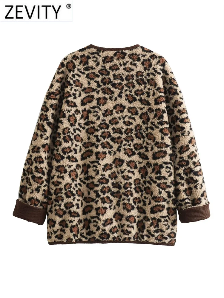 ZEVITY 2023 Women Vintage O Neck Leopard Printed Lamb Fur Jacket Female Outerwear Chic Double Pockets Buttons Coat Tops CT5724