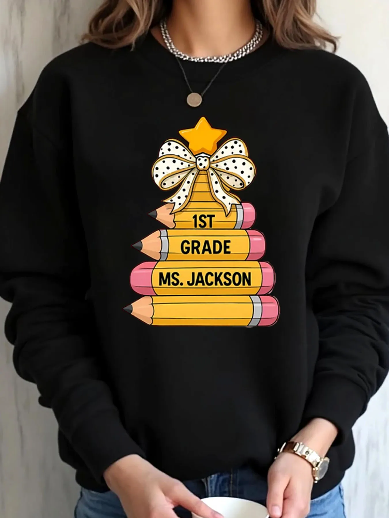 Damska bluza oversize z nadrukiem choinki ołówkowej, świąteczna, dla klasy 1, pani Jackson, odzież outdoorowa