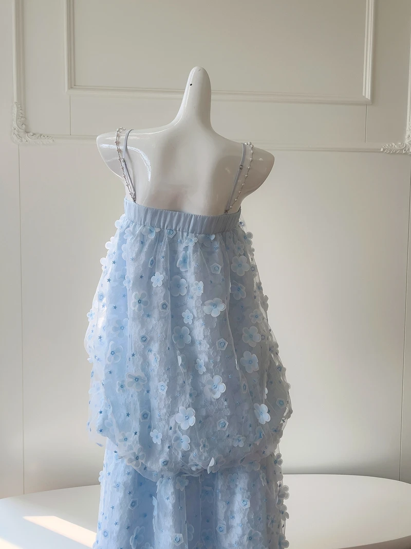 Ele أبيض أزرق الأزهار التطريز الحلو عالية الخصر البوليستر ألف خط الدكتور للخطوبة وثوب الزفاف بال سستة