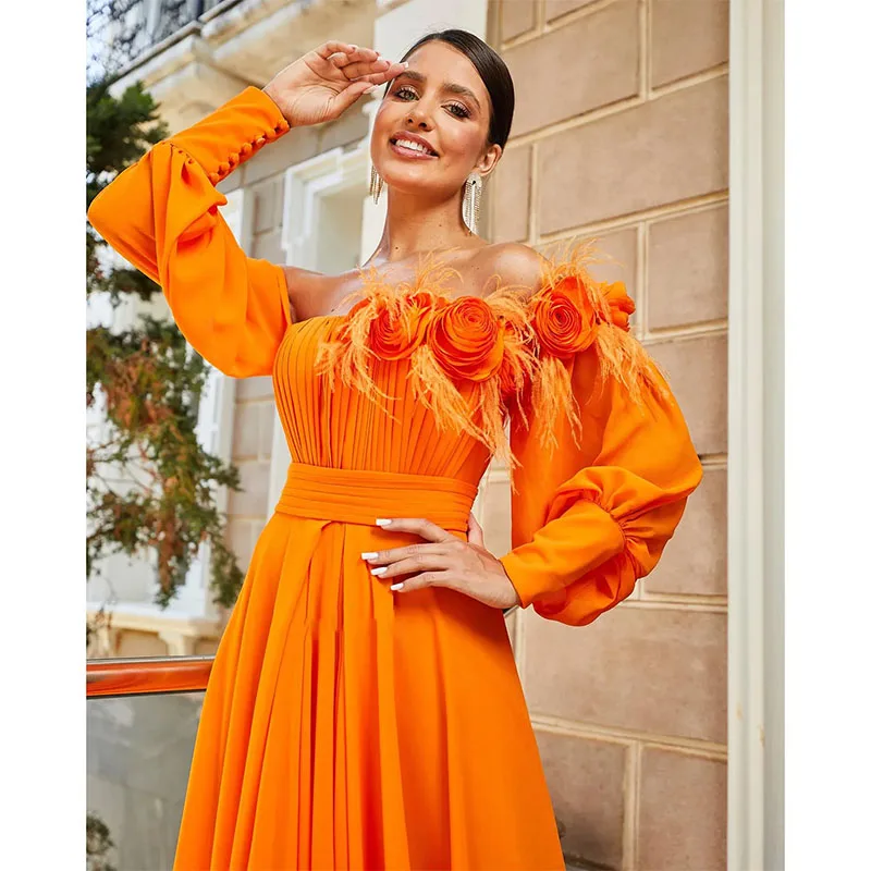 Elegant A-Line Evening Dresses Bateau Hand Made Flowers Off Shoulder Gowns Sweep Train Vestidos De Noche Formal Occasion