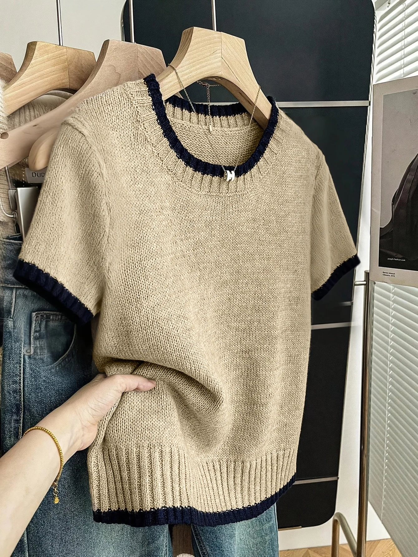 

Женский вязаный пуловер с круглым вырезом и короткими рукавами в стиле пэчворк, повседневный и элегантный, весенне-летний стиль.