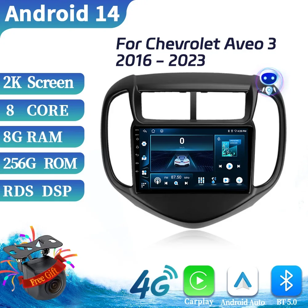 Android 14 For Chevrolet Aveo 3 2016-2023 4G GPS Navigation Car Radio Multimedia Wireless Bluetooth Carplay Touch Screen Stereo