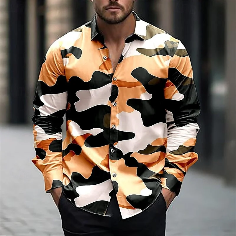 2025 Men\'s Shirt Summer Shirt Casual Shirt Army Green Long Sleeve Camouflage Lapel Button Clothing Polyester Fashion Casual 6XL