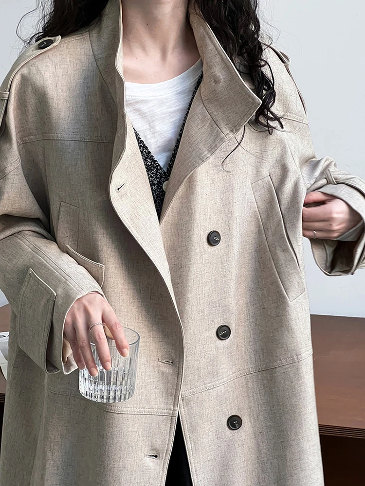 [LANMREM] Linen Spliced Trench For Women 2024 Spring New Stand Neck Long Sleeve Single Breasted Elegant Outwear High End