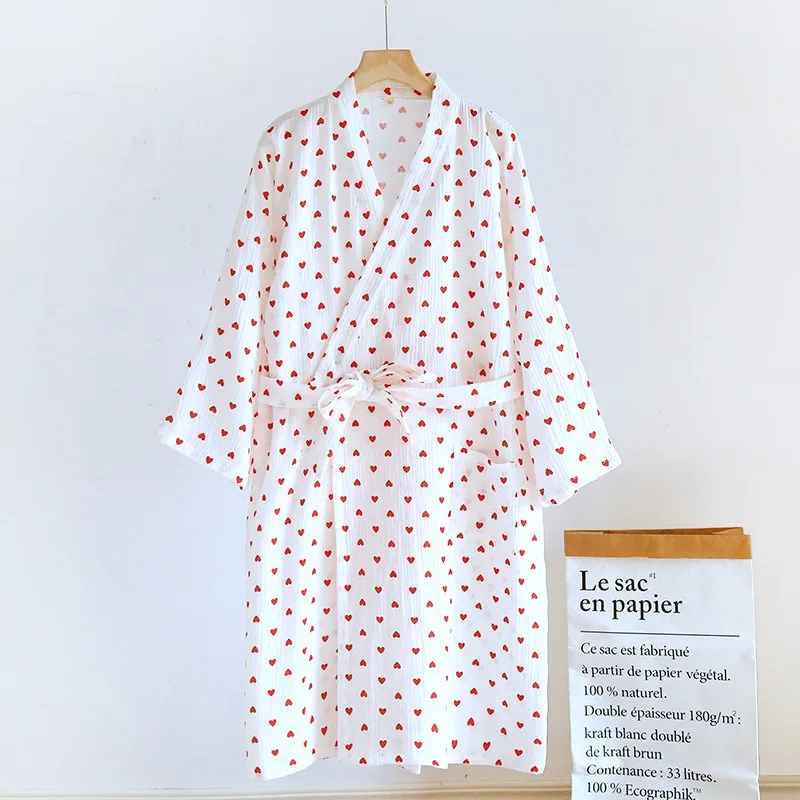 Summer Pure Cotton Crepe Nightdress Women Sweet Love Printed Nightgown Japanese Cotton Kimono Thin Bathrobe Pajamas Nightwear