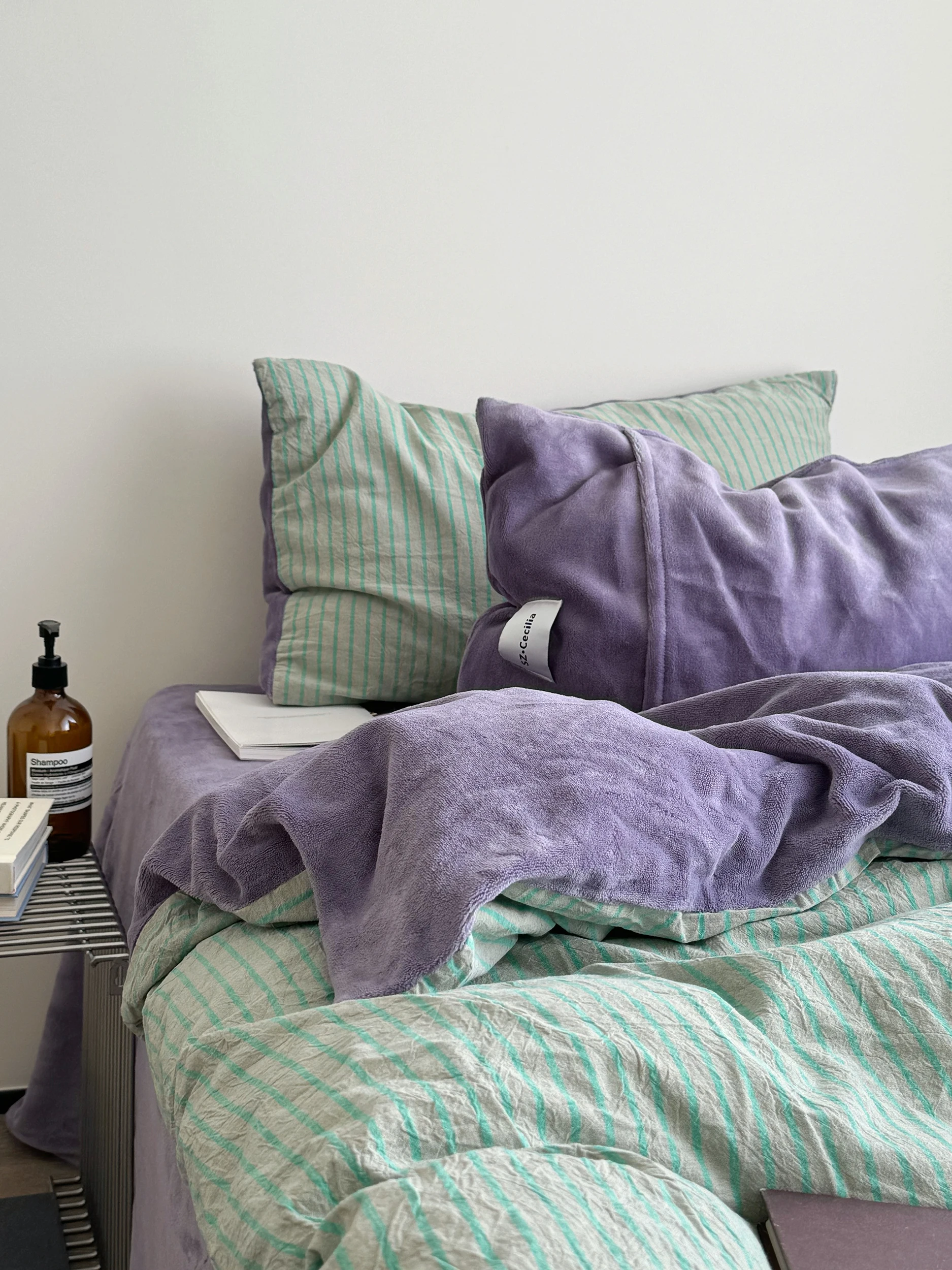 YAKEHOME Moonlight Moss Milk Velvet Pure Cotton Stripe Green Purple Four Piece Set Ins  Korean Style Bedding Quilt Cover