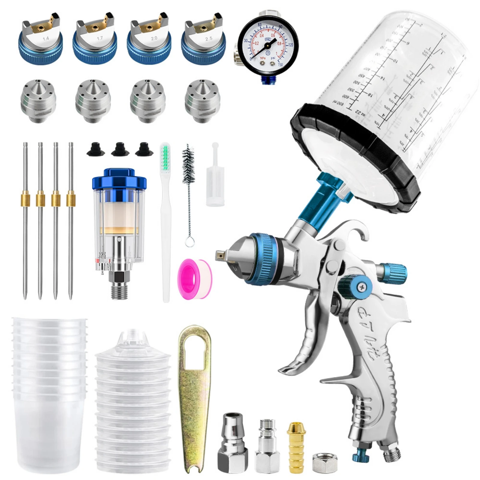 Spritzpistole 4 Düsen-Set 1,4/1,7/2,0/2,5mm 10 X 650ml Einwegbecher Wasserabscheider für Auto- und Holzlackierwerkzeuge Grün/Blau/Rot