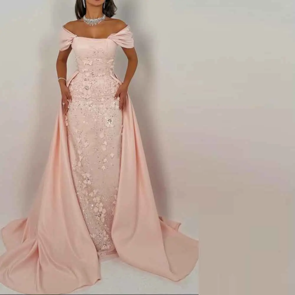 

Розовое вечернее платье для помолвки по индивидуальному заказу со съемным шлейфом и цветочным кружевом с открытыми плечами, атласные платья из бисера, платья de gala