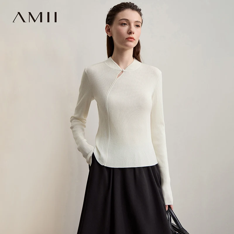 

Amii женский свитер с воротником Cheongsam, тонкий пуловер, свитер с длинными рукавами, осень 2022, новая минималистичная женская одежда 12523105