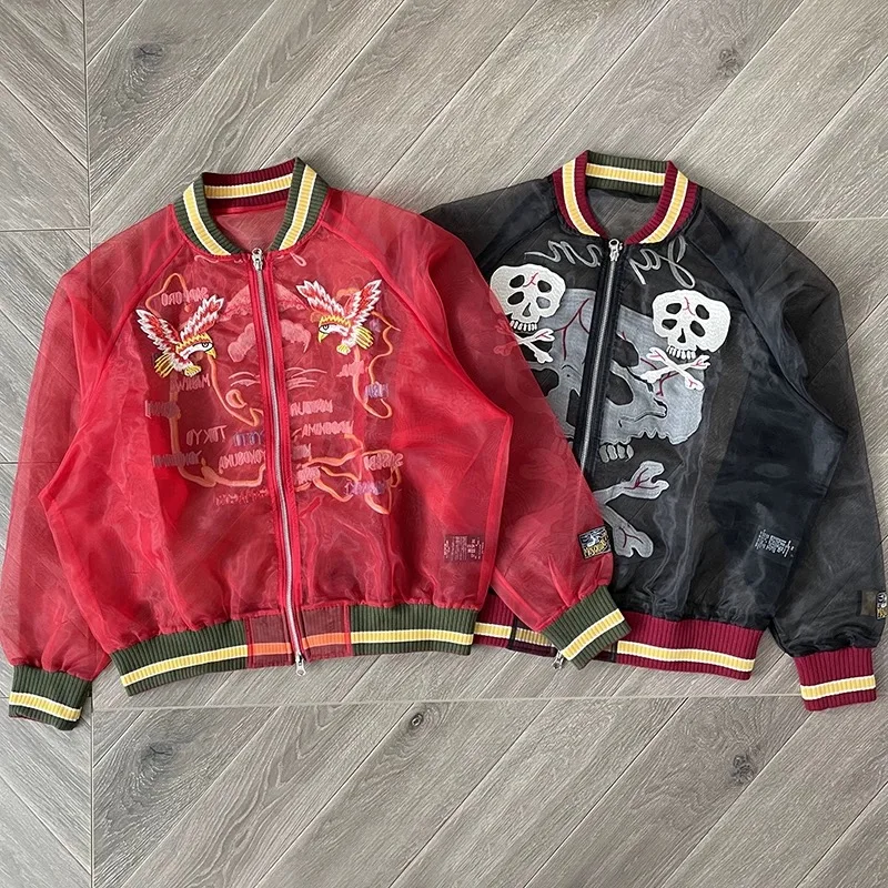 

25ss KAPITAL Men Jackets Women 1:1 Top Quality Translucent Silk Skull Embroidery Oversized Casual Jackets