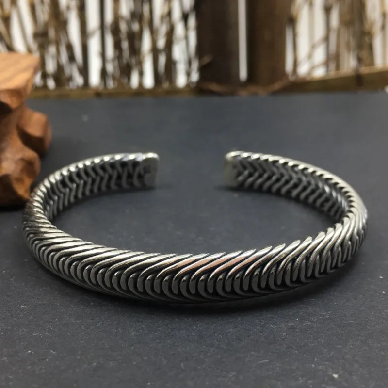 Genuine S925 Sterling Silver Bracelets for Men New Fashion Ethnic Style Weaven Snake Pattern Bangle Punk Jewelry Wholesale