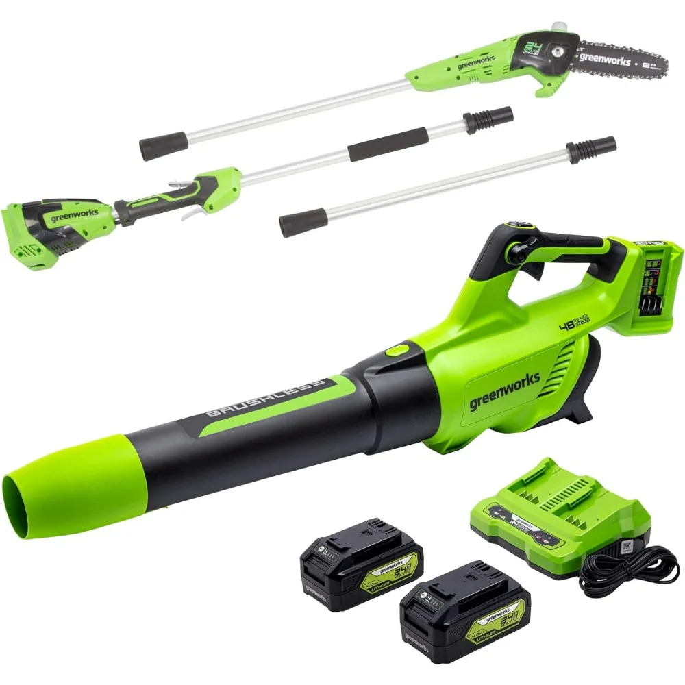 

48V (2 x 24V) Brushless Cordless Blower (585 CFM / 140 MPH), (2) 4.0Ah USB Batteries and Charger Included Pole Saw