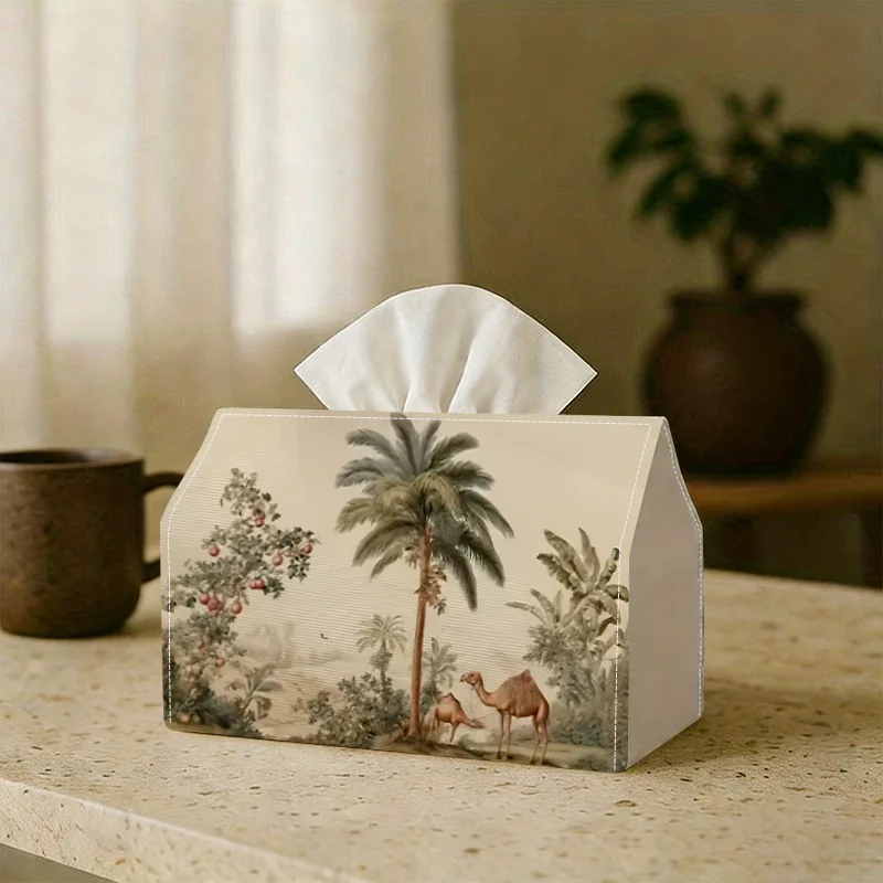 1pc Coconut Tree & Camel Pattern Tissue Box , high-end light luxury and high-end feeling paper box for living room, household de