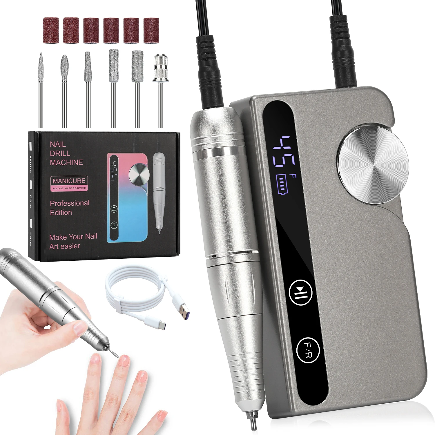 

DianaBeauty 45000RPM Nail Drill Machine Portable Nail Polisher USB Charging Low Voice Electric Nail Lathe with HD LCD Display
