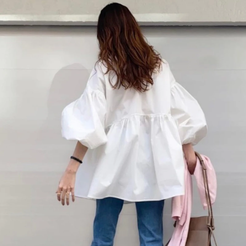 Japan Style Retro Lantern Sleeve Blouse Shirts O-neck Ruffles Patchwork Loose Blusa Spring Summer All-match Solid Ladies Tops